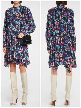 Isabel Marant Verikio Silk Floral Ruffle Dress Size 38 Black Multicolor